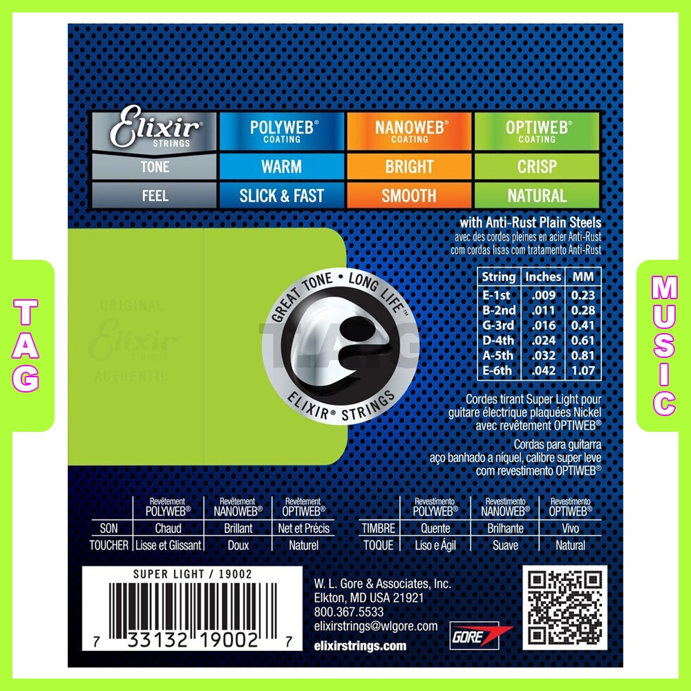 Electric Guitar Strings, Dây đàn Guitar Điện Elixir 19002 Optiweb, Super Light 09-42 Chính hãng Made in USA