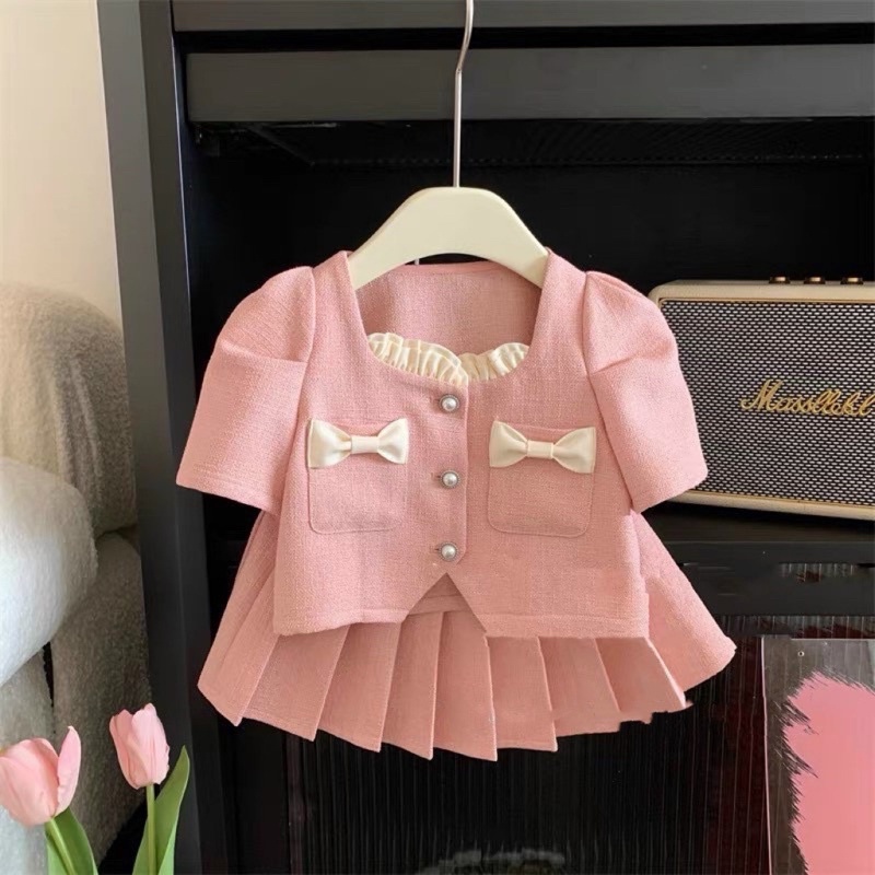 QCCC - Set vest áo váy cúc đính đá màu hồng phong cách tiểu thư Hàn quốc cho bé gái đi tiệc