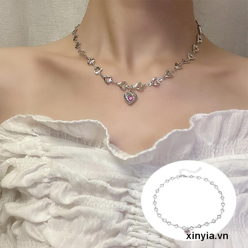 Vòng cổ mặt trái tim đính đá hồng phong cách Âu Mỹ cổ điển