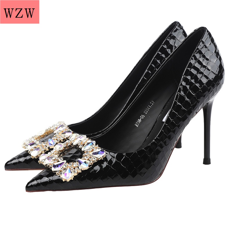 Giày Cao Gót Mũi Nhọn Cài Khóa Vuông Họa Tiết Da Cá Sấu Màu Vàng Hồng Thời Trang Mùa Hè 2022 Mới Cho Nữ