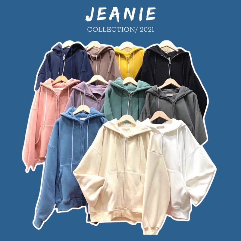 Áo khoác hoodie zip JEANIE basic form rộng ulzzang, áo nỉ trơn có khoá, mũ rộng 2 lớp nhiều màu