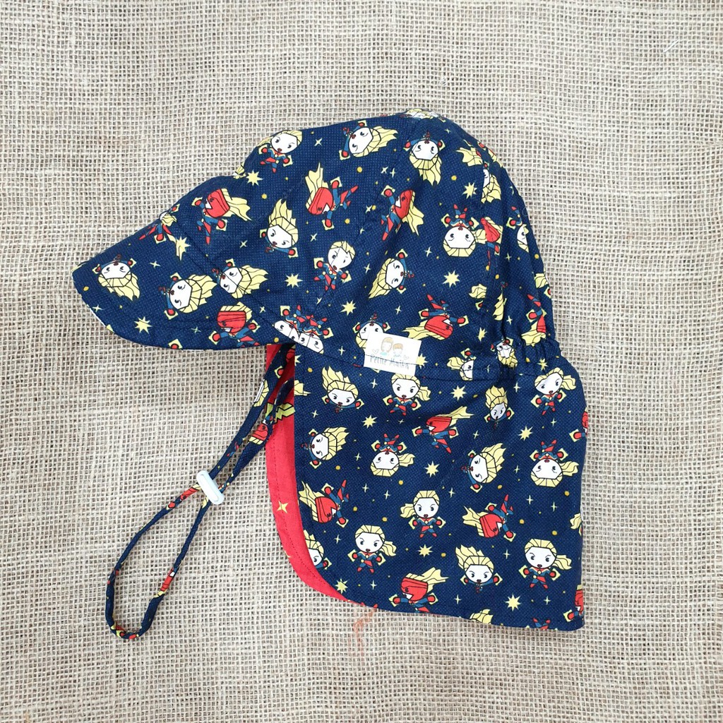 Mũ che gáy kiểu Nhật, mũ đi nắng cho bé từ 1-12 tuổi hình siêu nhân nền tím than