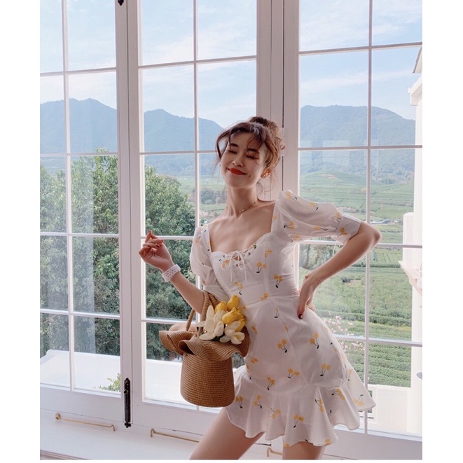 Đầm nữ trắng họa tiết cherry vàng cúp ngực công chúa siêu xinh - cece house