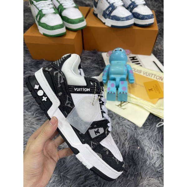 (Híu)Giầy Thể Thao Sneaker LV Trainer Monogram Denim Black Siêu Cấp Đen Trắng Best 2022