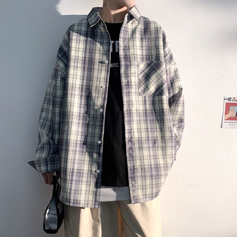 Áo khoác sơ mi tay dài kẻ sọc kiểu Hàn Quốc cá tính cho nam