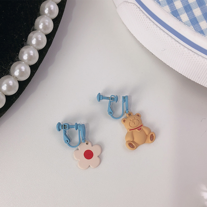Cartoon Bear Earrings Peach Heart Flower Asymmetric Earrings