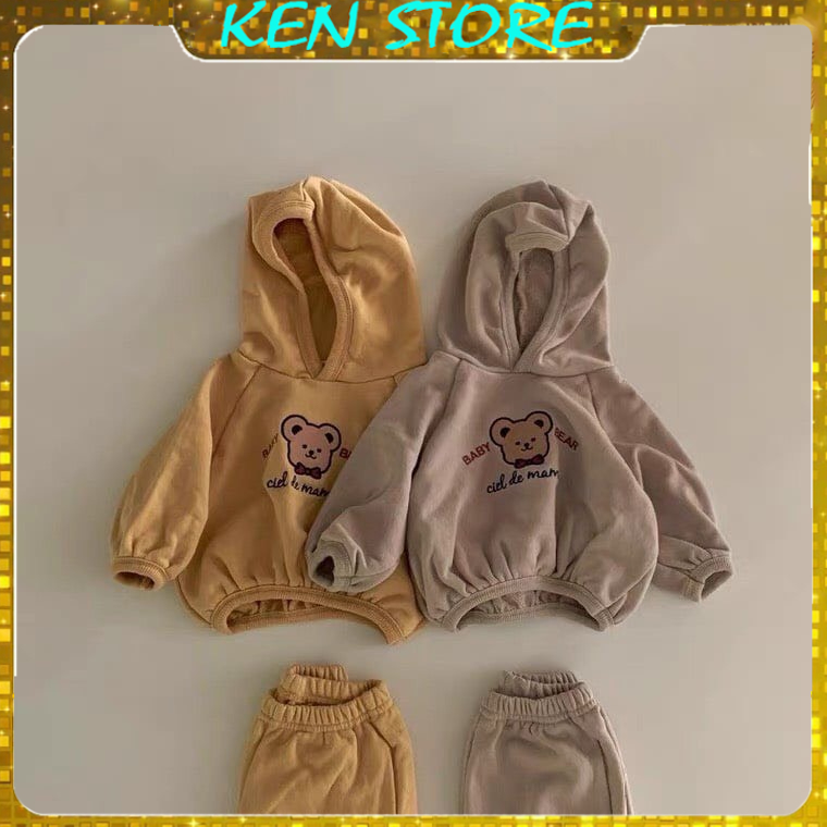 Bộ Thu Đông Hoodie hình gấu Dài Tay Chất Nỉ Lót Bông Trẻ Em Ken Store