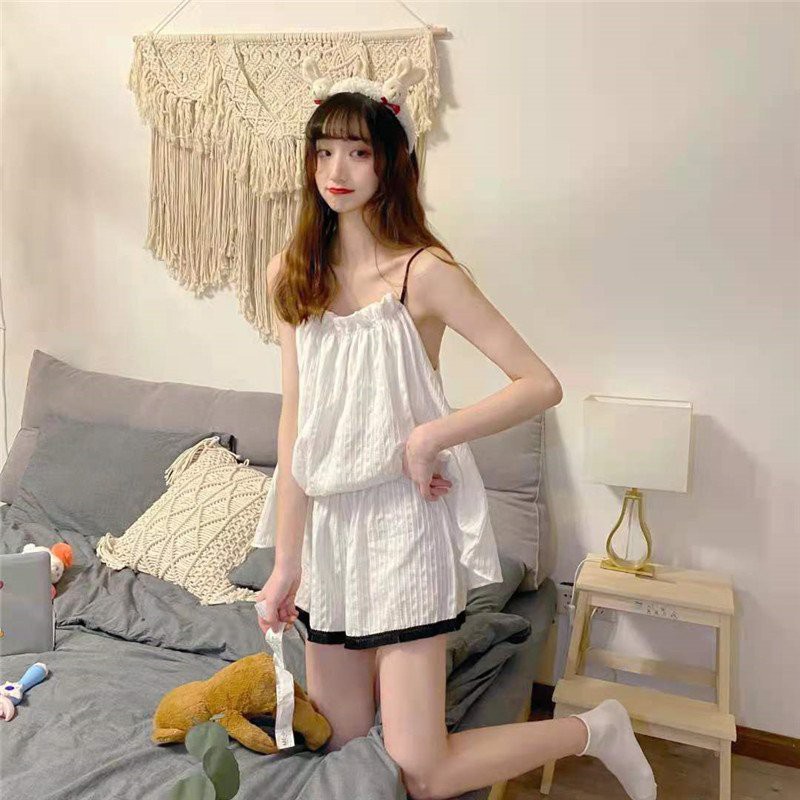 Set 2 Dây Trắng Đũi Nhăn + Quần Đùi Viền Đen  Bộ ngủ quần voan ống rộng, áo thun lụa mát mặc ở nhà bánh bèo Ulzzang