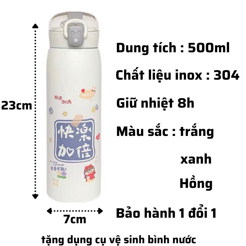 Bình giữ nhiệt INOX 304 phong cách hàn quốc , bình nước có ống hút 500ml có dây