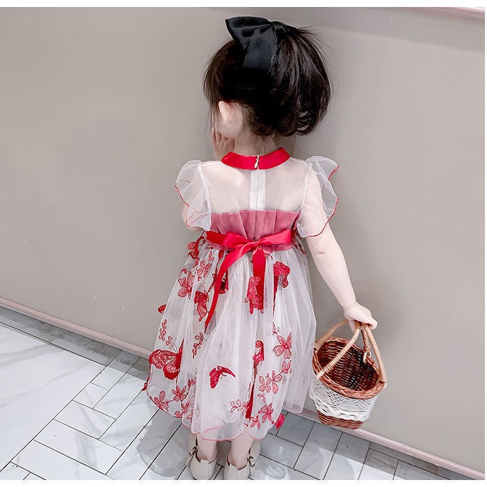 Đầm Công Chúa Tay Phồng Ngắn Phối Lưới Đính Nơ Thời Trang Mùa Hè Cho Bé Gái