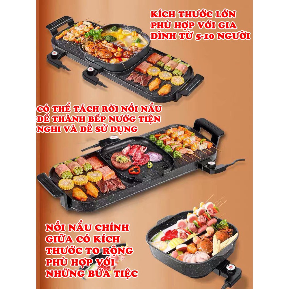 Bếp Nướng Lẩu 3 Ngăn Tách Rời Dành Cho Đại Gia Đình Từ 8-12 Người Ăn⚡ ĐA NĂNG ⚡ Nồi lẩu nướng điện 3 trong 1