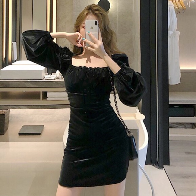 Váy nhung tay phồng dài nhún cổ