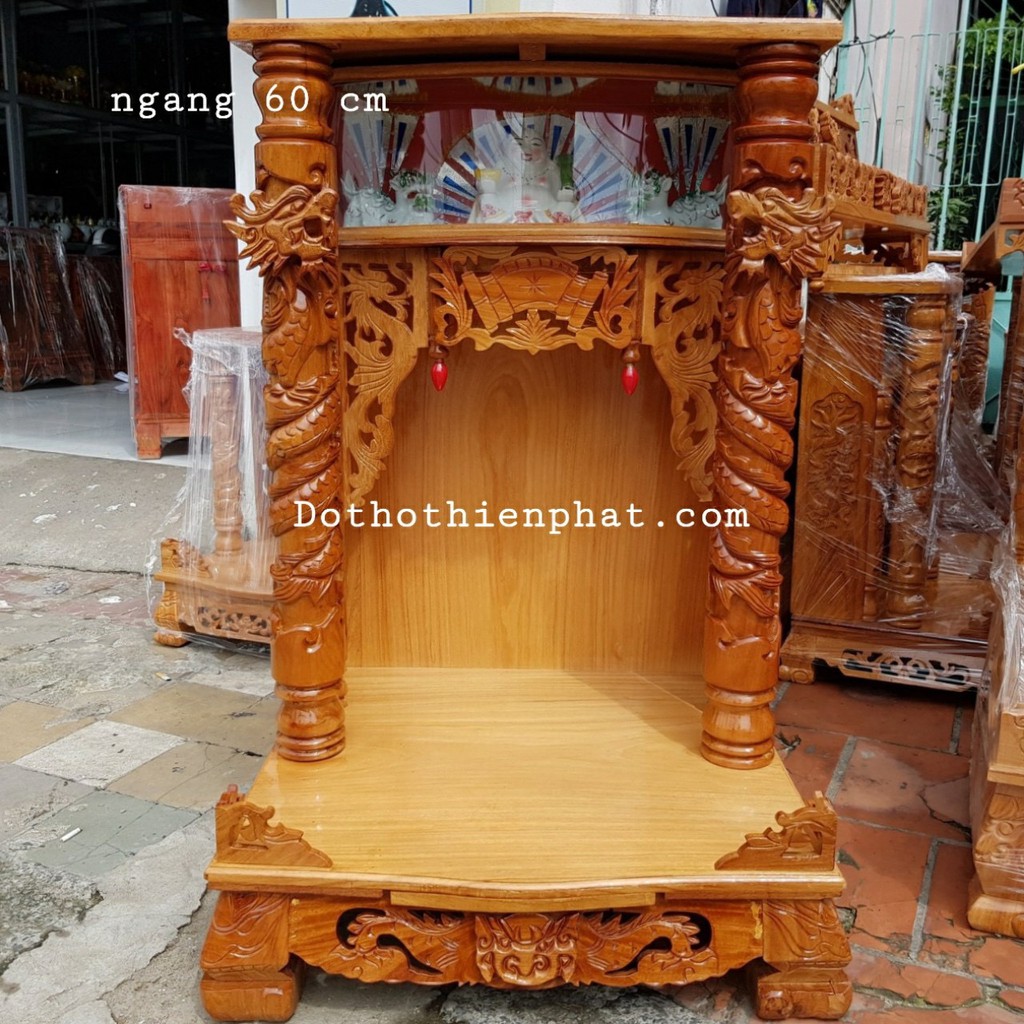 Bàn thờ thần tài ông địa gỗ căm xe mặt gỗ gõ đỏ ngang 60 cm hộp đèn