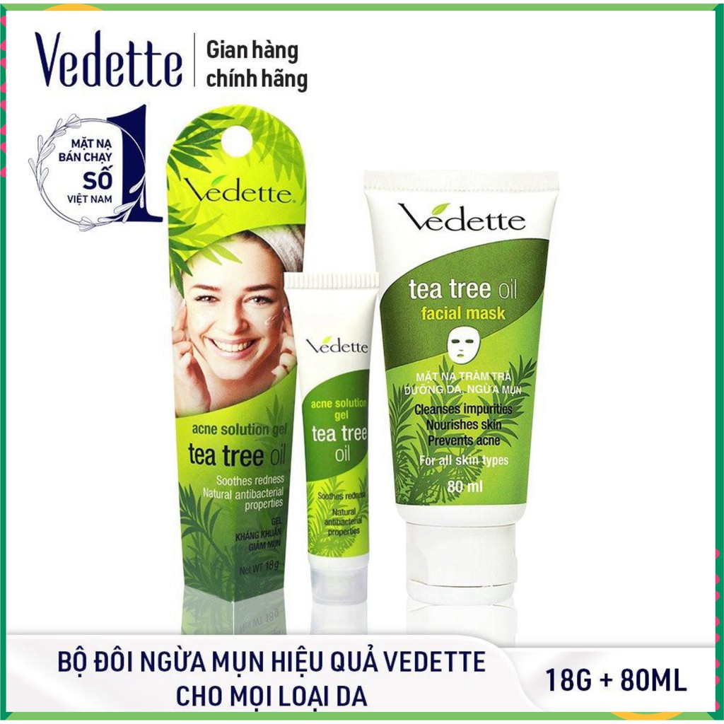 ❇️ Bộ Đôi Ngừa Mụn Hiệu Quả VEDETTE - GEL TEA TREE OIL 18g VÀ MNĐS TEA TREE OIL 80ml - TPMX001