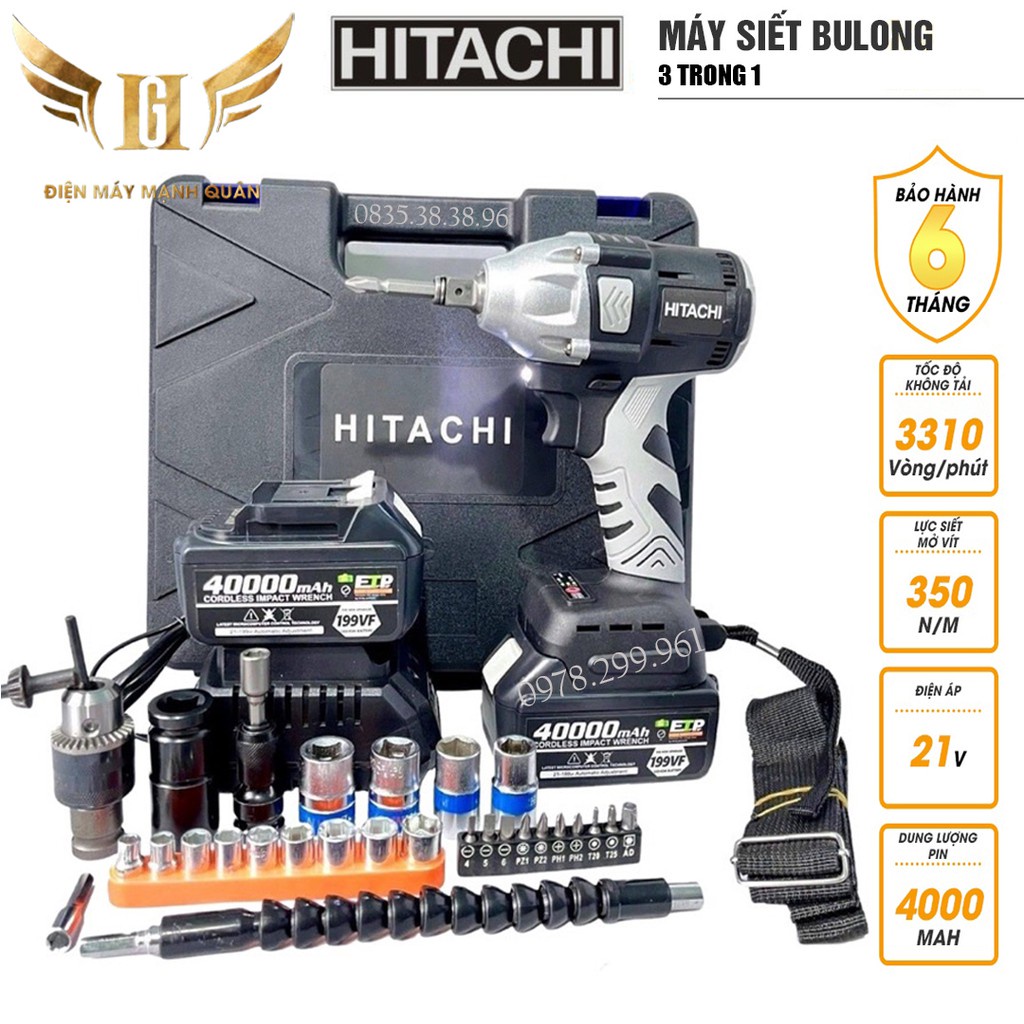 ۩☫Máy Siết Bulong, Vặn Vít HITACHI 198Vf - TẶNG 5 Đầu Khẩu Không Chổi Than rỗng Bắt Khoan 2 Pin