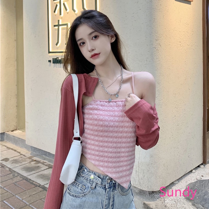 Bộ Áo Hai Dây Màu Trơn + Áo Tay Dài Lệch Tà Thời Trang Mùa Thu Quyến Rũ Cho Nữ