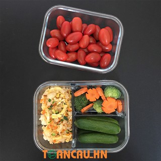 Hộp cơm văn phòng thủy tinh chia ngăn chống tràn Túi giữ nhiệt + Bộ thìa - Hộp đựng thực phẩm cao cấp(Nắp liền thìa)
