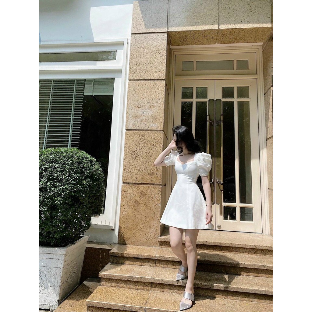 Đầm Cổ Vuông ❤️FREESHIP❤️ Dáng Xòe Tay Phồng