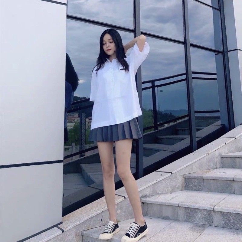 Áo Sơ Mi Tay Lỡ Kèm Cavat Ulzzang, Áo Sơ Mi Đi Học Phong Cách Hàn Quốc