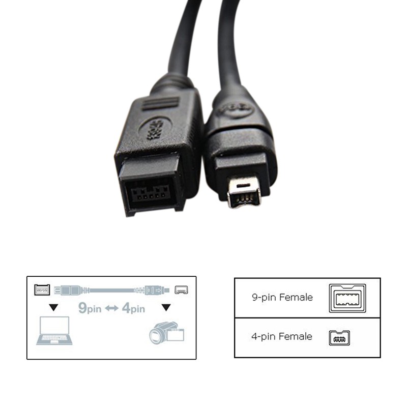 [In Stock]Black IEEE 1394 Firewire 800 to Firewire 400 Cable, 9 Pin/4Pin Male / Male 10 FT
