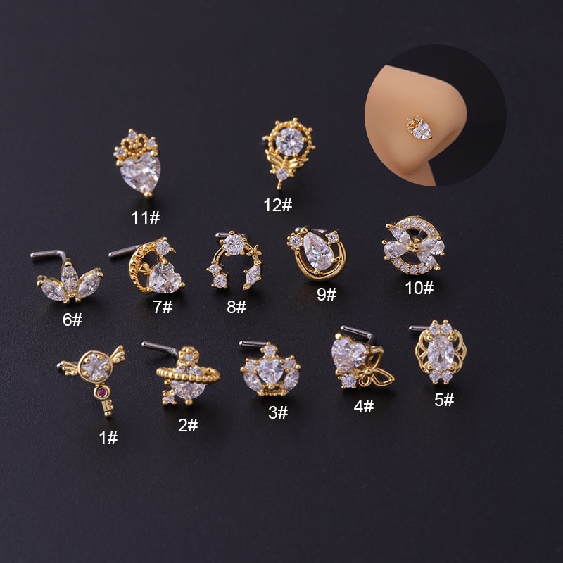 1 Khuyên Mũi Hình Trái Tim/ Vương Miện/ Hành Tinh Chất Liệu Thép Không Gỉ Đính Đá Zircon 20G