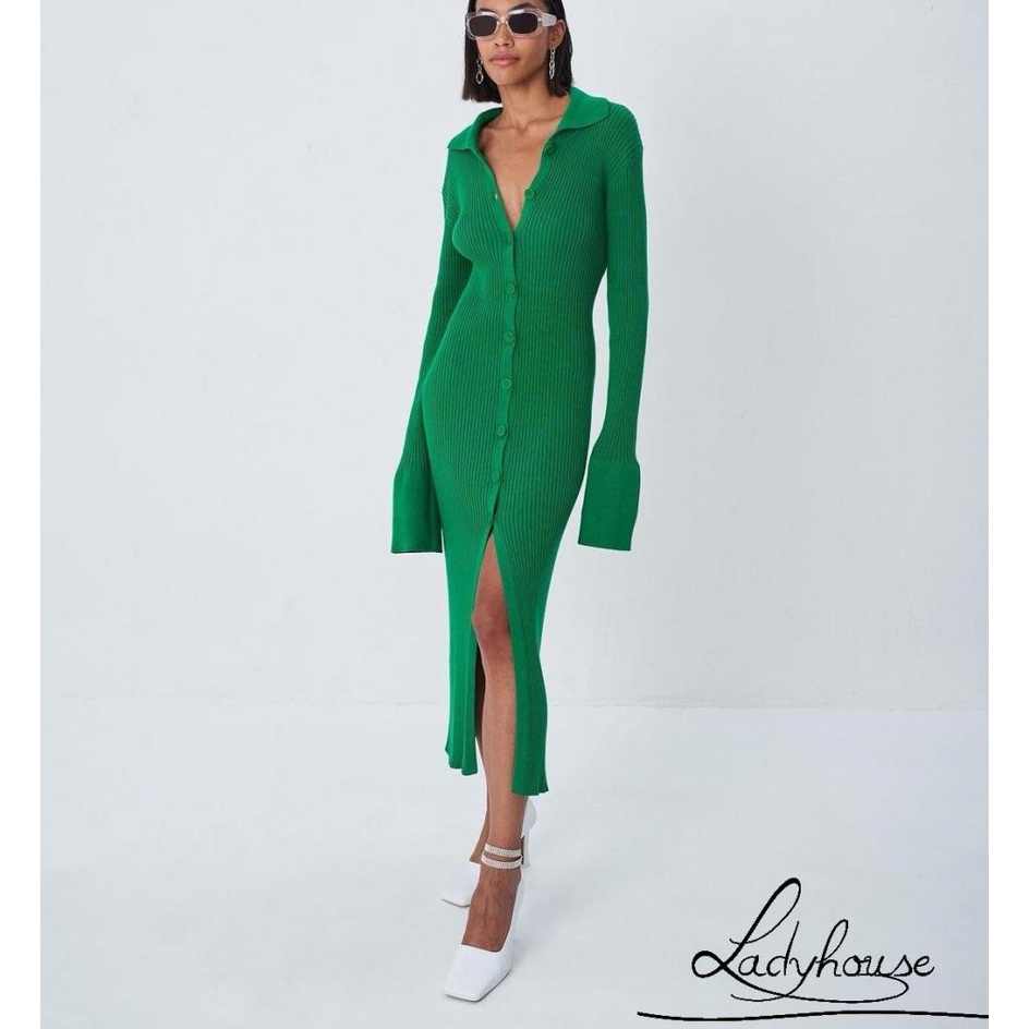 Ld-đầm Cổ Bẻ Một Mảnh Tay Dài Màu Trơn Thời Trang Xuân Thu Dành Cho Nữ Size S/M/L