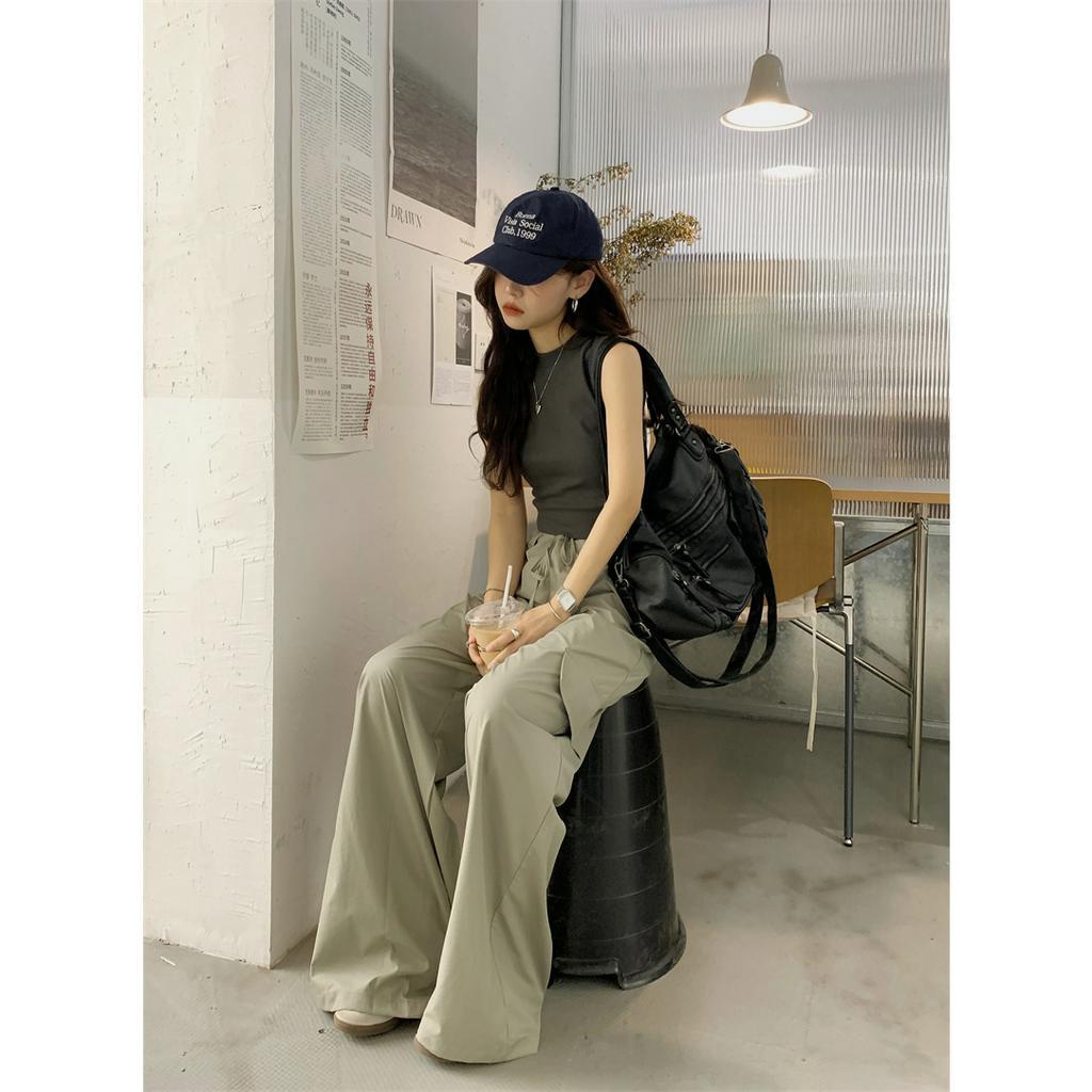 Xiaozhainv Bộ Áo Tank Top Không Tay + Quần Ống Rộng Lưng Cao Thời Trang Mùa Hè Cho Nữ