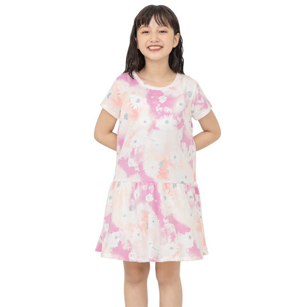 Đầm bé gái size đại, vải hồng loang kim tuyến, từ 20-40 kg, Váy bé gái tay ngắn 100% cotton, KYO293, K9