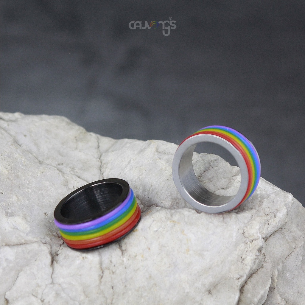 Nhẫn cầu vồng lgbt thép titan không rỉ N03 - 9mm - Đen - Bạc