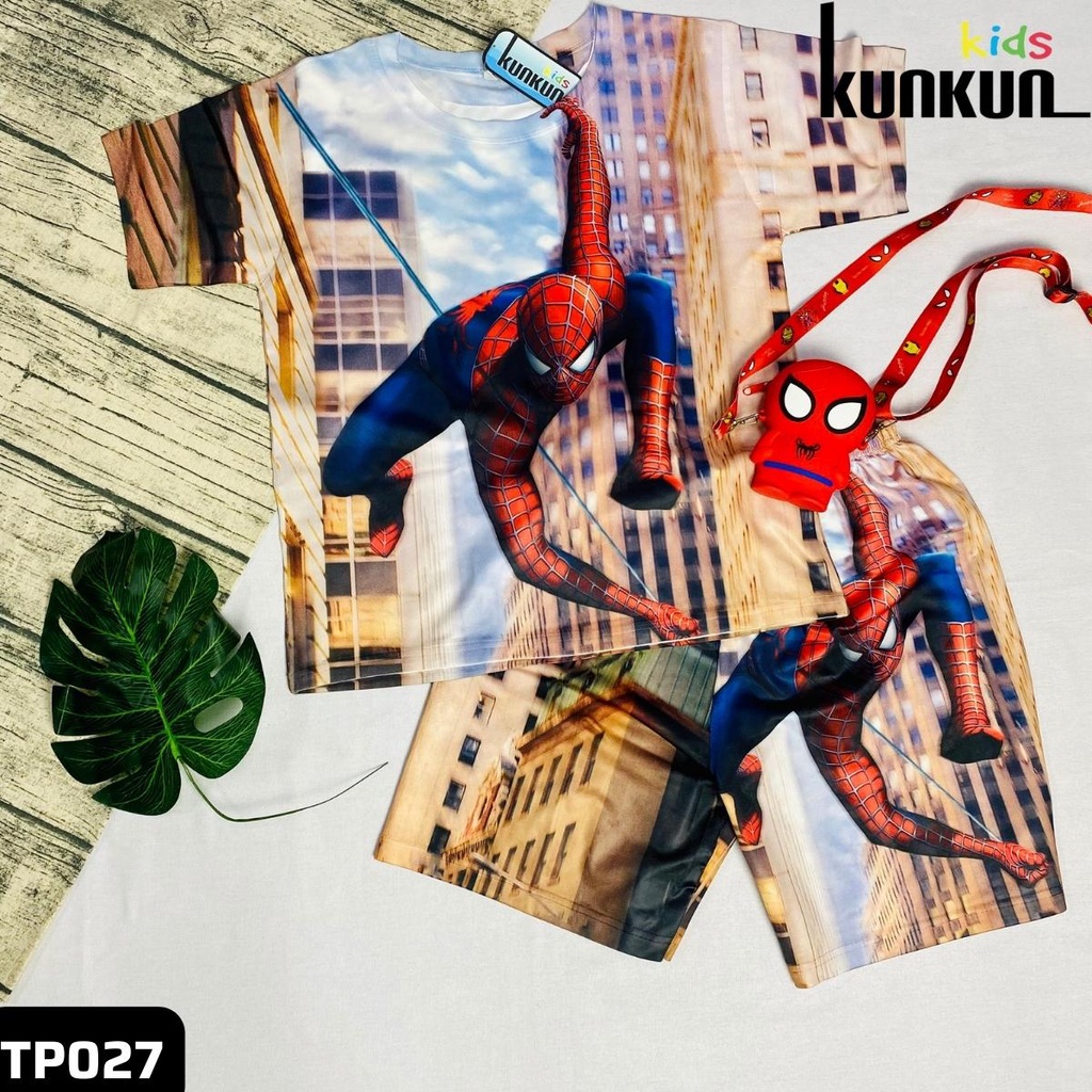 Quần áo trẻ em hình người nhện spiderman, đồ bộ bé trai chất thun lạnh size từ 10-40kg Kunkun Kid TP027