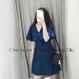 Váy xanh cổ v thắt nơ tay bồng hot hit