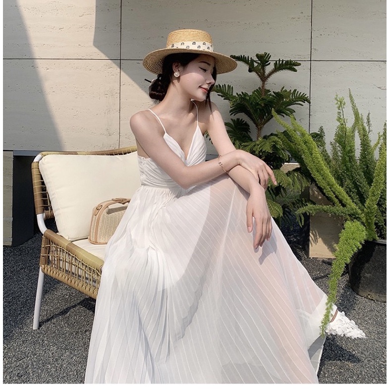 Yona’s Đầm đi biển hai dây xếp li trắng thắt dây eo tôn dáng  mã D17W