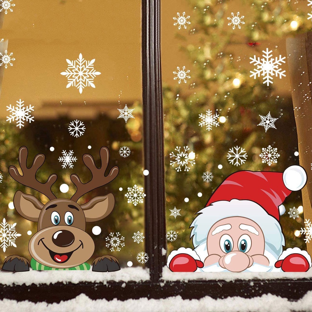 Creative Snowflake Reindeer Santa Claus Window Stickers/ Cartoon Double Sided Static Glass Stickers/ Christmas Day Decoration Wall Stickers