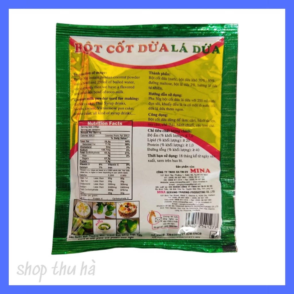 10 gói  Bột Cốt Dừa Lá Dứa 50g