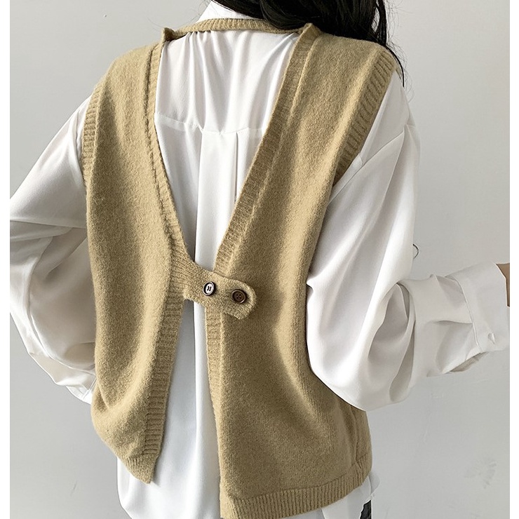 [Sẵn] Gile Len Cúc Sau | Áo Gile Len Nữ Cổ Tròn Khoét Lưng Cúc Sau Độc Lạ, Thời Trang Thu Đông Phong Cách Hàn Quốc | BigBuy360 - bigbuy360.vn