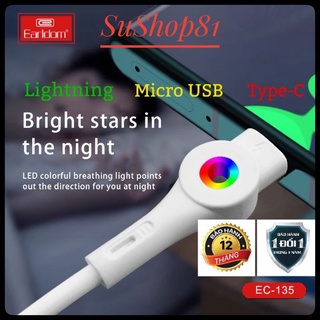 Dây cáp sạc nhanh 3a có đèn led earldom ec - 135 hhính hãng,tốc độ truyền dữ liệu 48mgbs