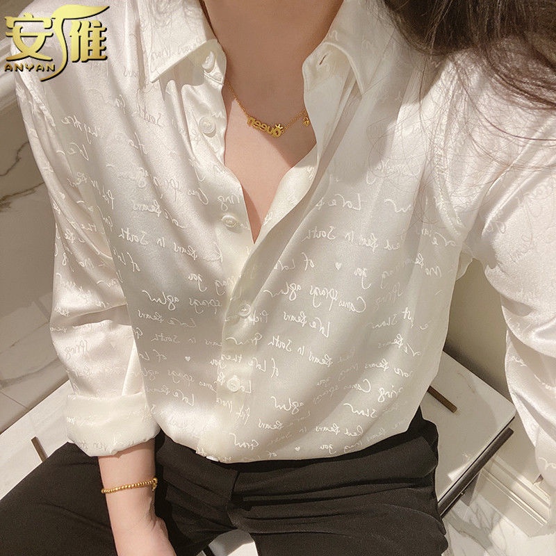 Áo Sơ Mi Giả Lụa Satin In Chữ Phong Cách Retro Pháp Thời Trang Mùa Thu