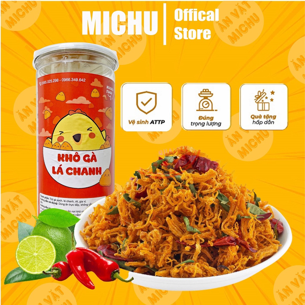 Khô gà lá chanh đồ ăn vặt loại 1 món ăn cao cấp hũ 300g MICHU FOOD