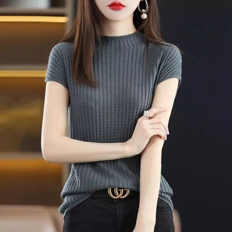 Áo Thun Lụa Dệt Kim Mỏng Tay Ngắn Cổ Cao Dáng Rộng Thời Trang Mùa Hè Cho Nữ