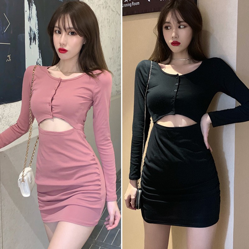 Đầm dài tay màu trơn eo cao thời trang Hàn Quốc gợi cảm thời trang cho nữ
