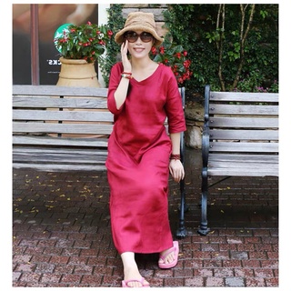 Đầm suông Linen bột Premium dáng dài cổ tim tay lỡ, đầm suông trung niên không kén dáng mặc - Đỏ đô