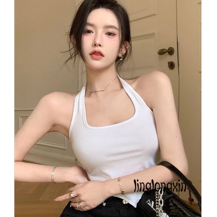 ♧Fh♂Áo Lửng Hai Dây Cổ Yếm Hở Lưng Màu Sắc Trơn Cho Nữ