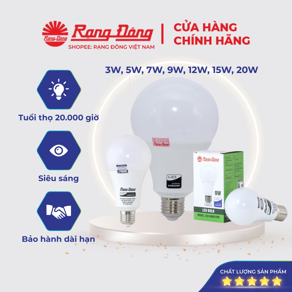 Bóng Đèn Led Bulb 3W, 5W, 7W, 9W, 12W, 15W, 20W, 30W Rạng Đông - Siêu Sáng - Tiết Kiệm Điện ( Bảo Hành 24 Tháng )
