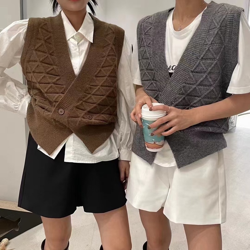 Áo khoác Cardigan dệt kim không tay cổ chữ V màu trơn thời trang mùa thu