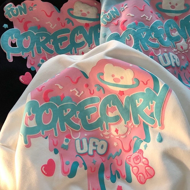 【HangFei】Áo Thun Nỉ Tay Dài Dáng Rộng In Hình Gấu Dễ Thương