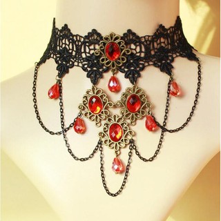 Vòng cổ choker đen sang trọng kèm hạt ngọc đỏ VAN139