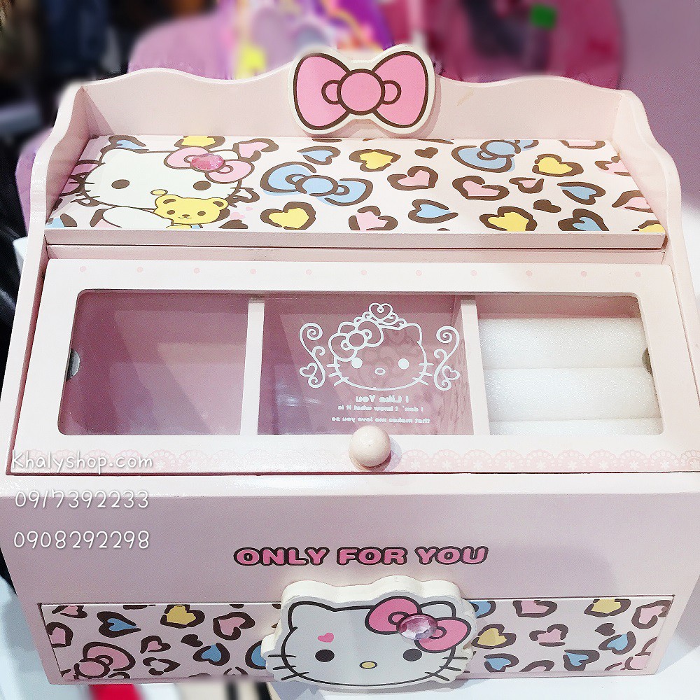 Hộp gỗ đựng nữ trang, trang sức nhiều ngăn, có gương hình mèo Hello Kitty beo màu hồng nhạt cho bé gái, bạn nữ