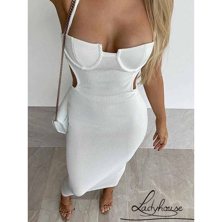LD-Women Party Dress, Solid Color Hollow-Out Spaghetti Strap Sleeveless Bodycon One-Piece for Ladies, S/M/L