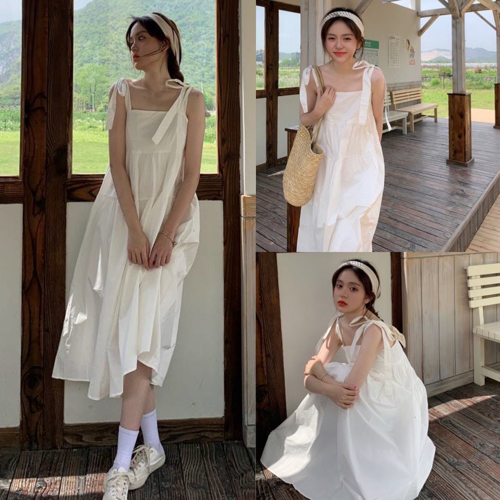 Đầm babydoll 2 dây buộc nơ hàn quốc ulzzang ,váy maxi đi biển dáng rộng siêu xinh chất đũi mềm mịn trẻ trung năng động
