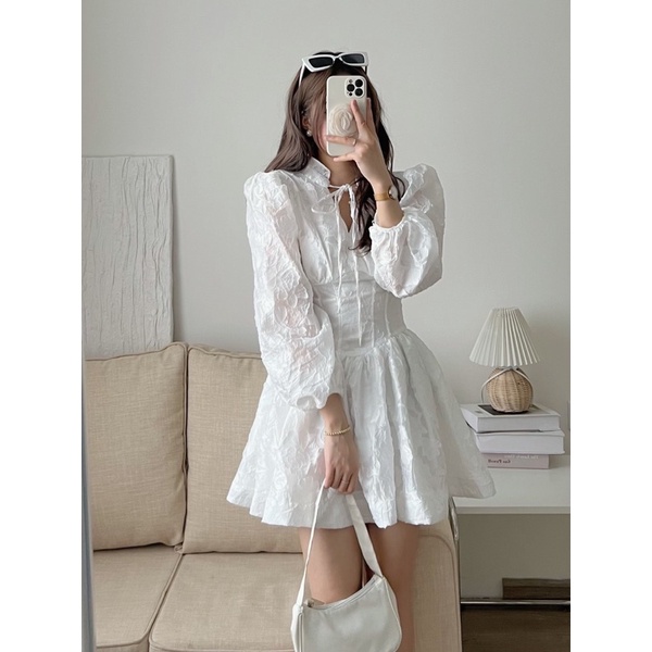 Đầm - Váy hoa nổi dài tay phồng eo corset 3 màu bồng bềnh